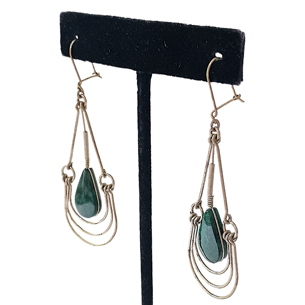 Malachite Green Stone Wire Design Earrings Teardrop Dangle Dainty Bohemian Gypsy - Picture 8 of 16